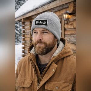 New Carhartt Hat Beanie Cuffed Mens Gray Knit Workwear Patch Logo Winter Warm
